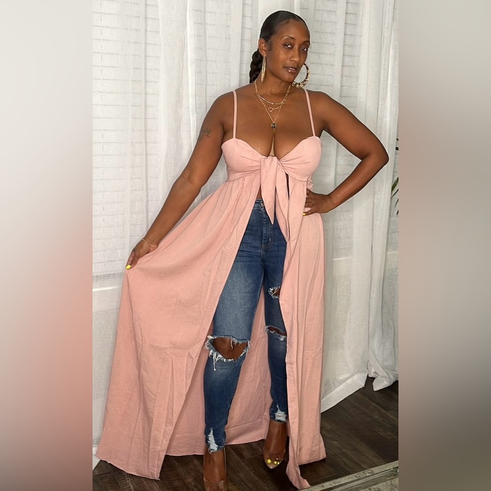 Tie-Front Pink Maxi Dress with Spaghetti Straps